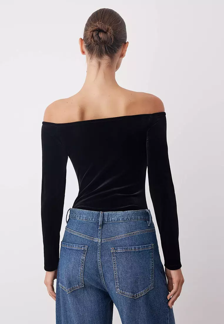 Black Carmen Neckline Knitted Velvet Party New Year's Bodysuit