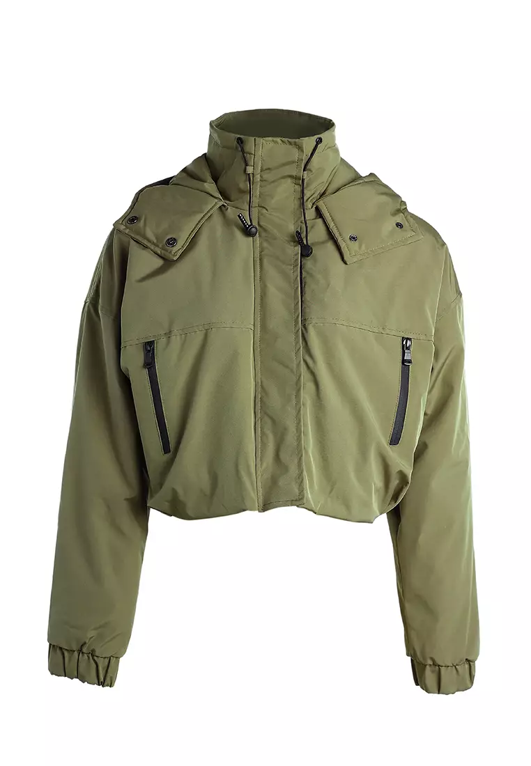 Drawstring Cropped Woven Jacket in Olive