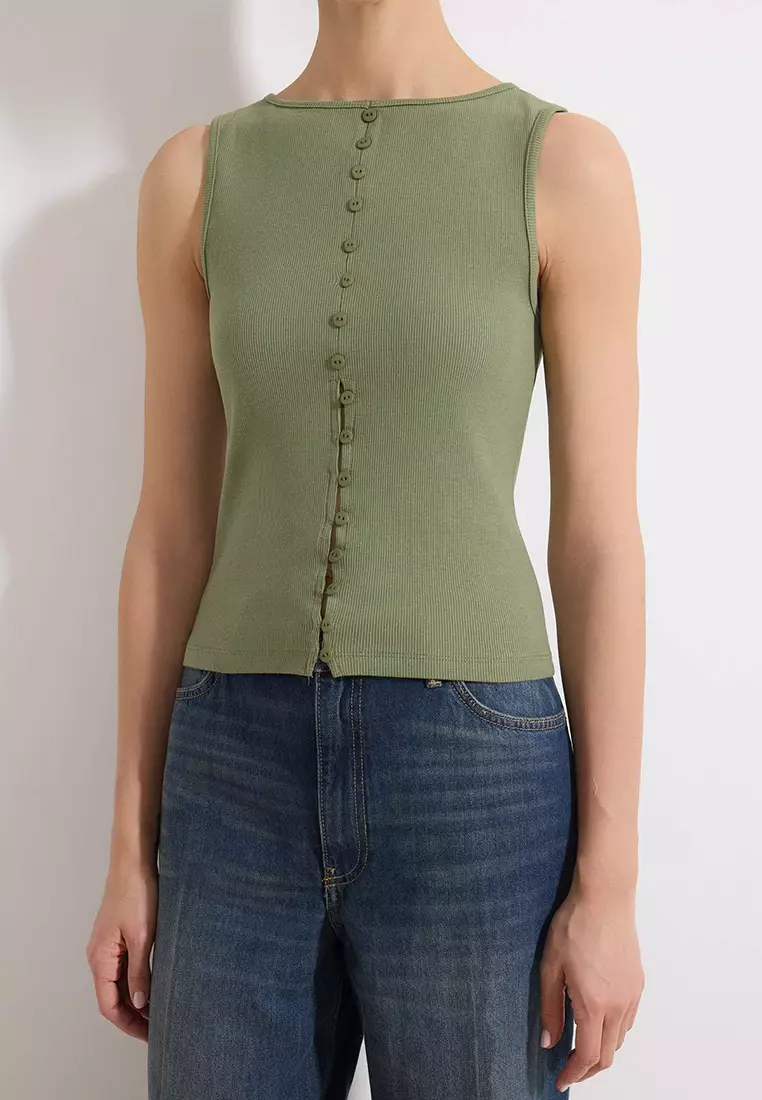 Khaki Buttoned Fitted/Bodycon Corded Fabric Stretchy Knitted Blouse Twoss24Bz36
