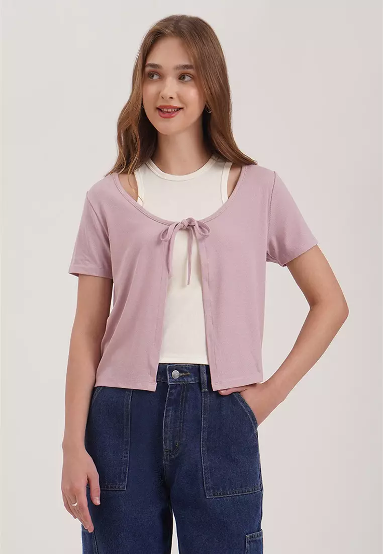 Short Sleeve Front Tie Cropped Cardigan Women's Pink Crop Cardigan