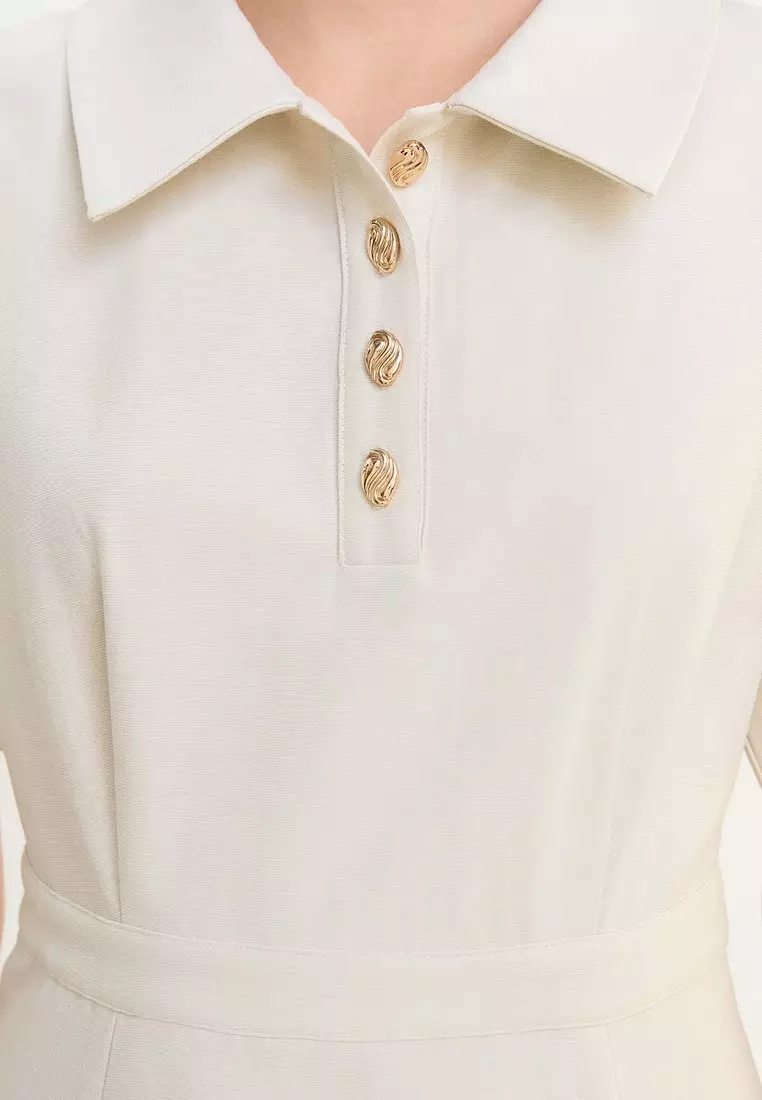 Button Front Collared Midi Dress - Ivory