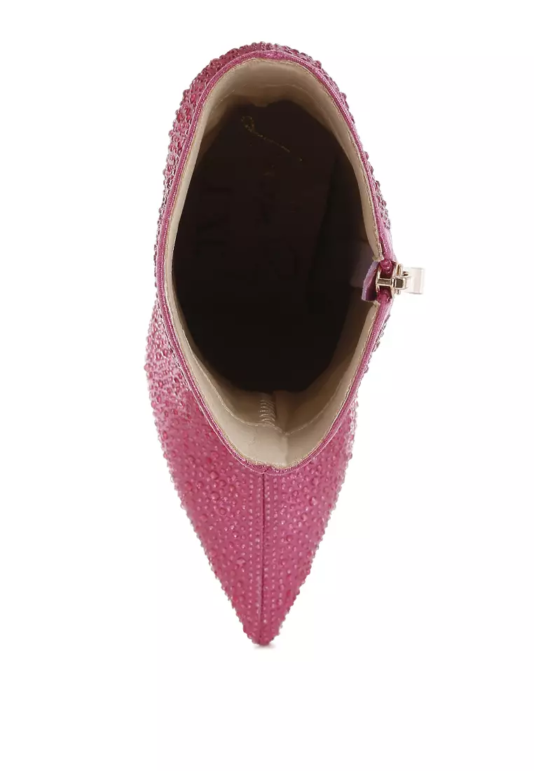 Rhinestones Embellished High Ankle Boots in Pink