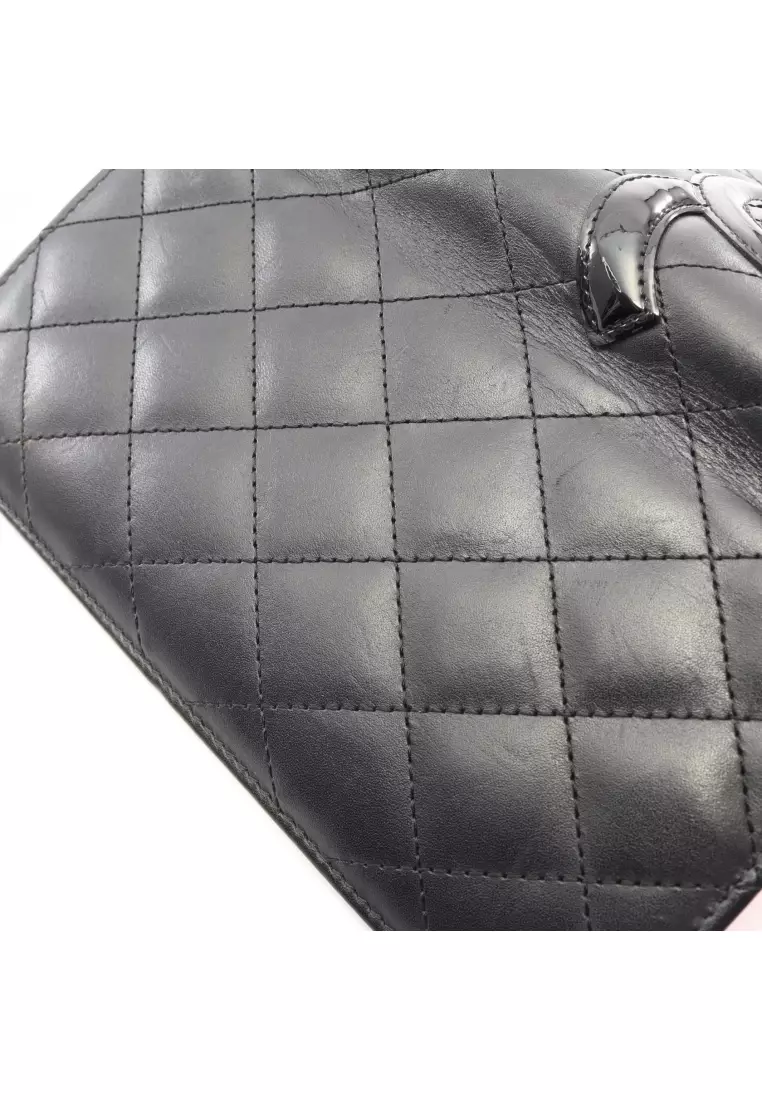 Pre-Loved Chanel Cambon line Bi-fold Long Wallet leather Patent leather black silver hardware