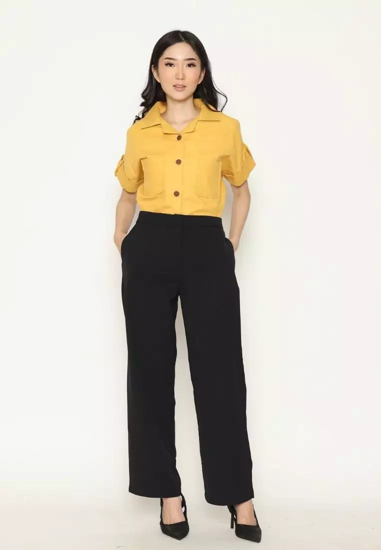 Urban Exchange Namina Yellow Waffle Shirt - Atasan Kemeja Wanita Lengan Pendek