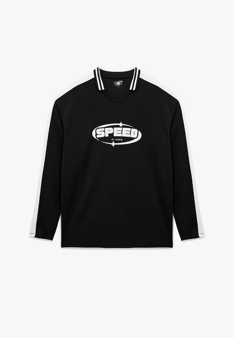 舒適剪裁長袖印花恤衫領運動T恤