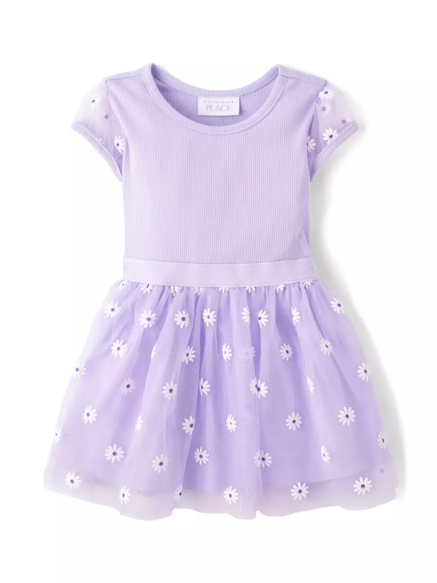 Toddler Girls 3D Daisy Mesh Fit And Flare Dress - Baju Bayi Perempuan (Ungu)