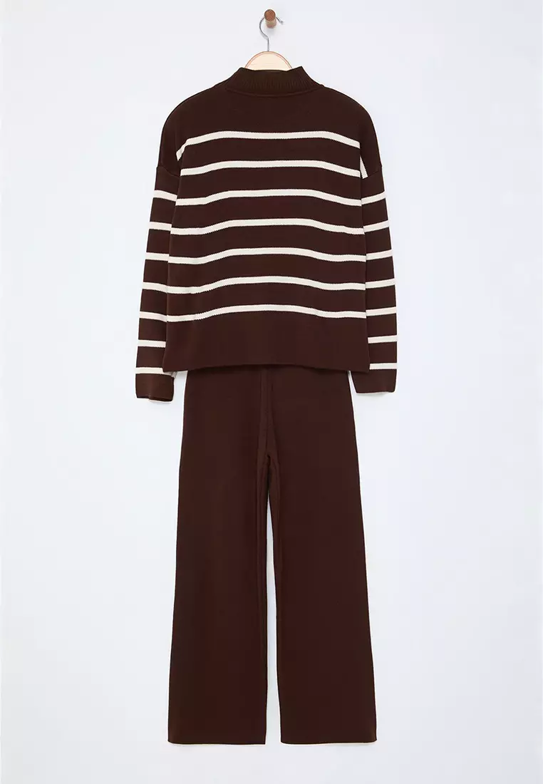 Brown Striped Knitted Trousers Bottom-Top Set Twoaw24Au00045