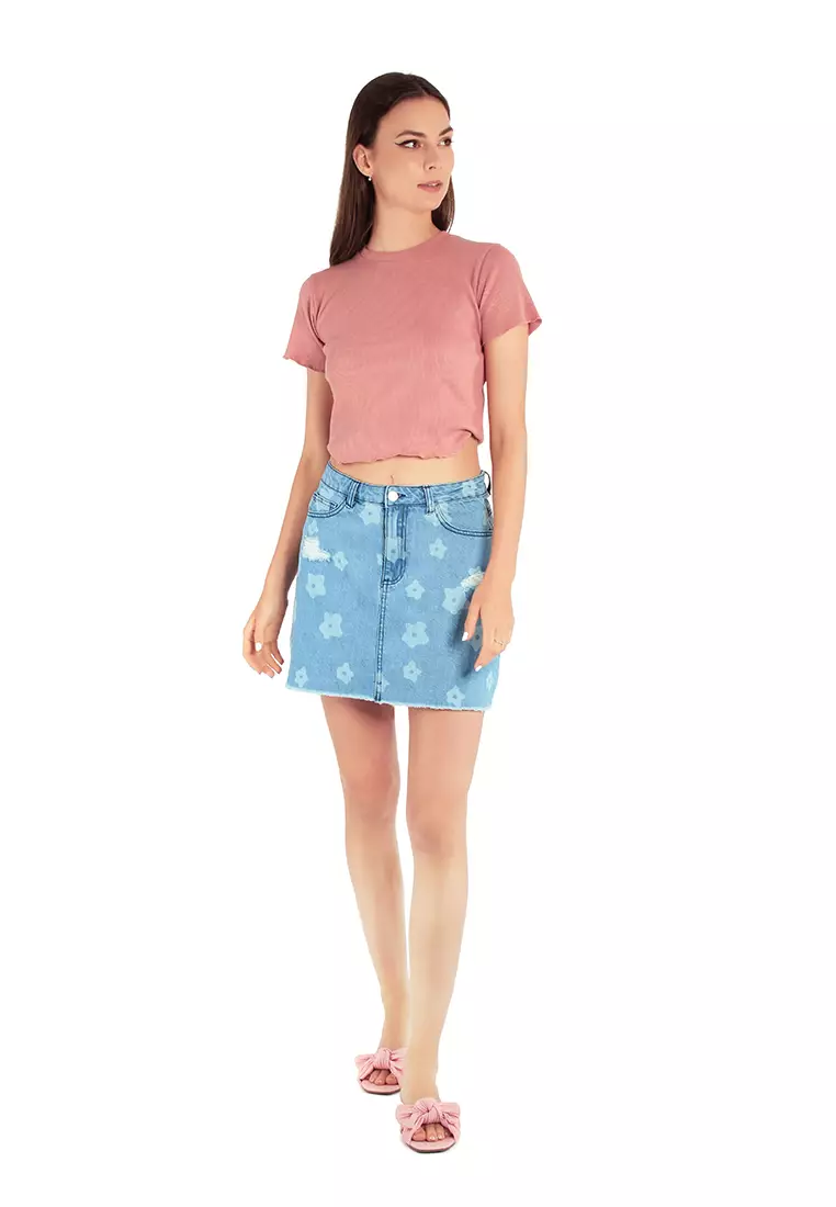 Light Blue Flower Print Ripped Jeans Mini Skirt