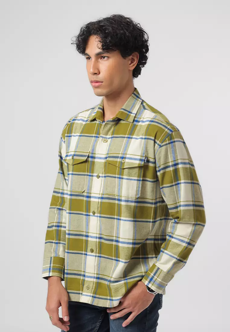 MELVINS - GREEN Kemeja Flannel Pria Motif Kotak-Kotak Lengan Panjang Relaxed Fit