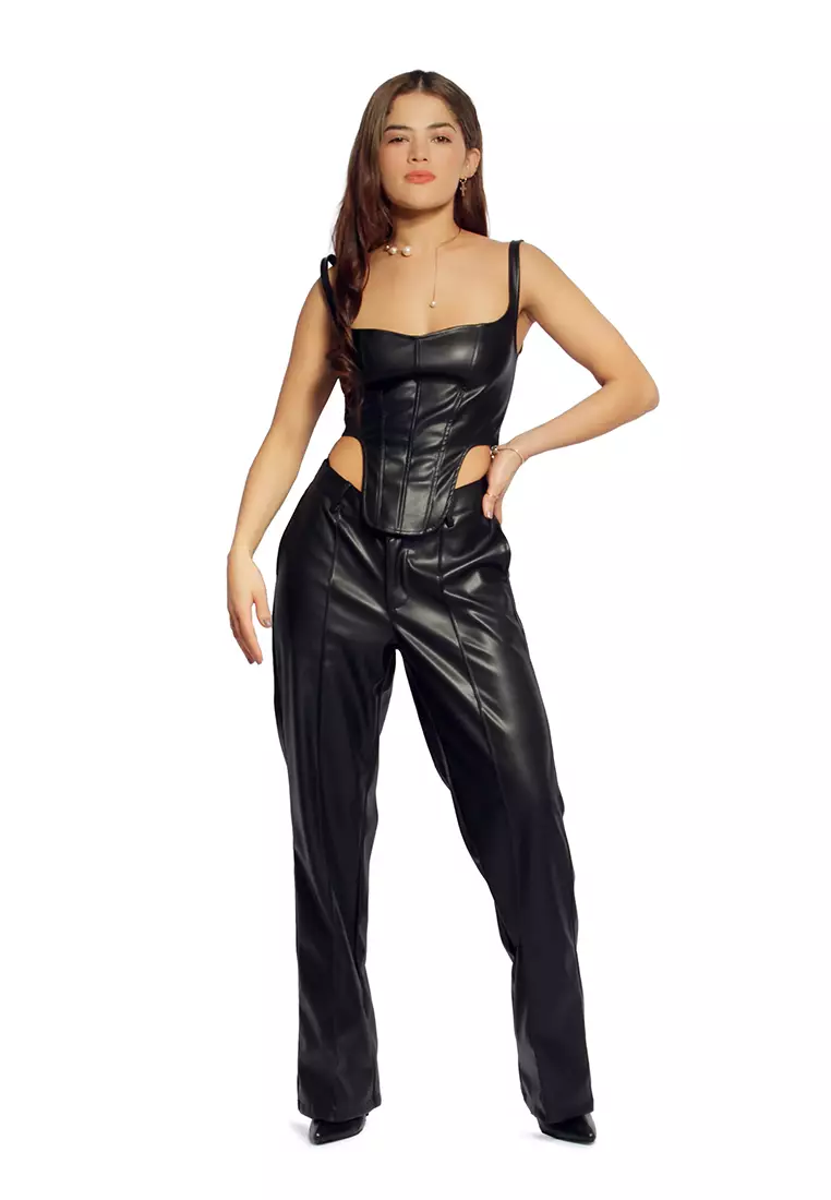 Black Low Waist Faux Leather Flare Pants