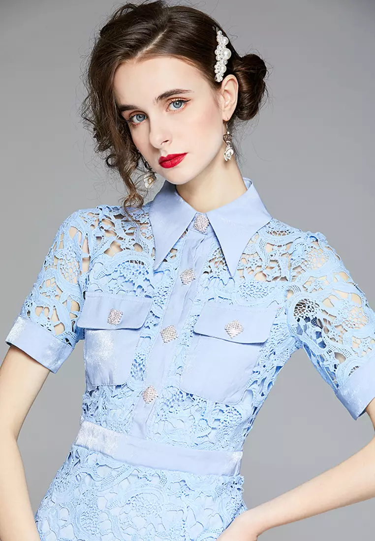 鉤花鏤空水溶蕾絲連身裙 A21032911