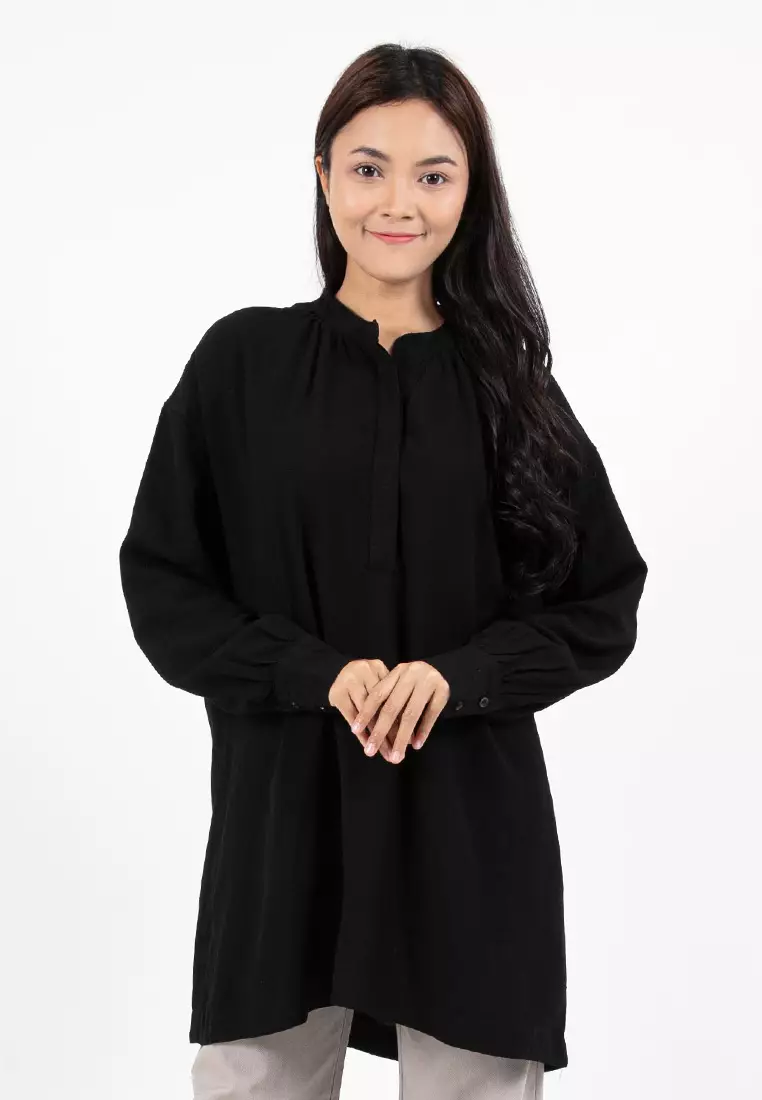Forest Ladies Linen Oversized Band Collar Plain Blouse Women Long Sleeve Tunic | Baju Perempuan - 822391-01Black