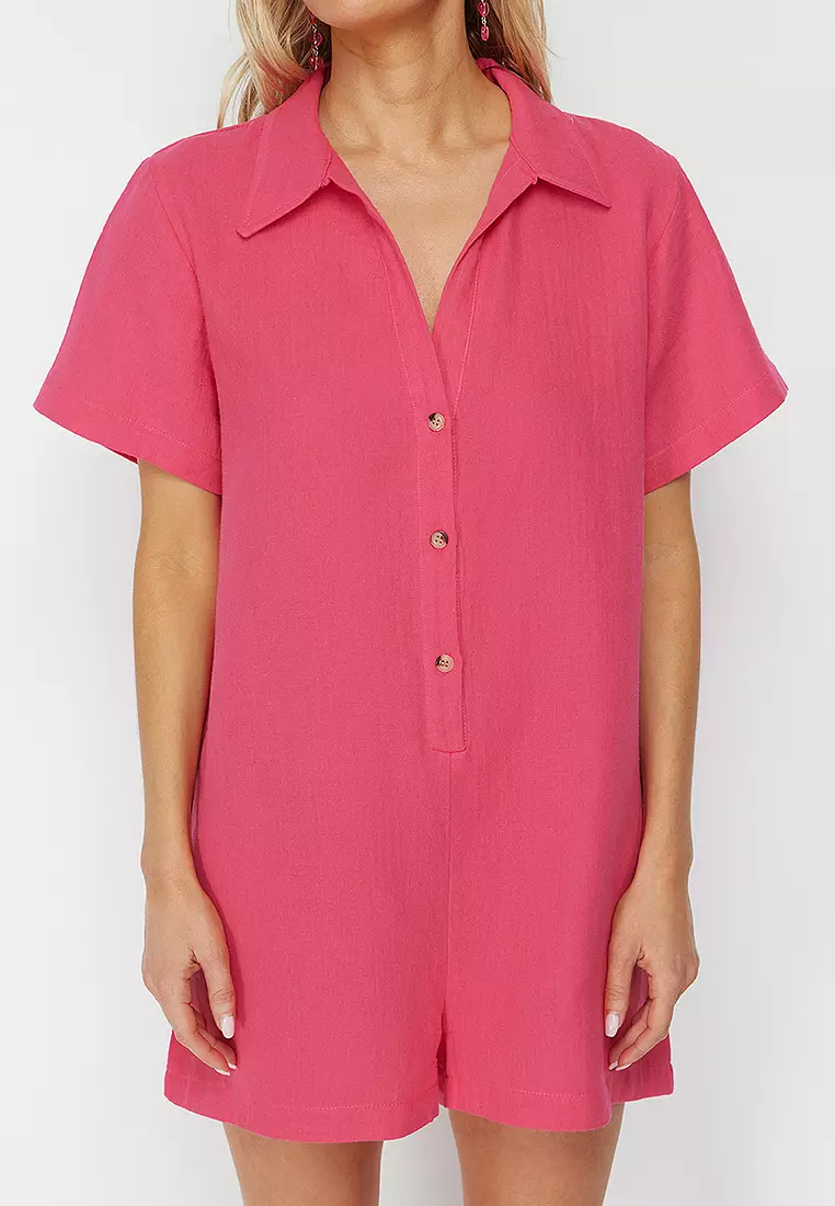 Fuchsia Wide Pattern Woven Muslin Beach Jumpsuit