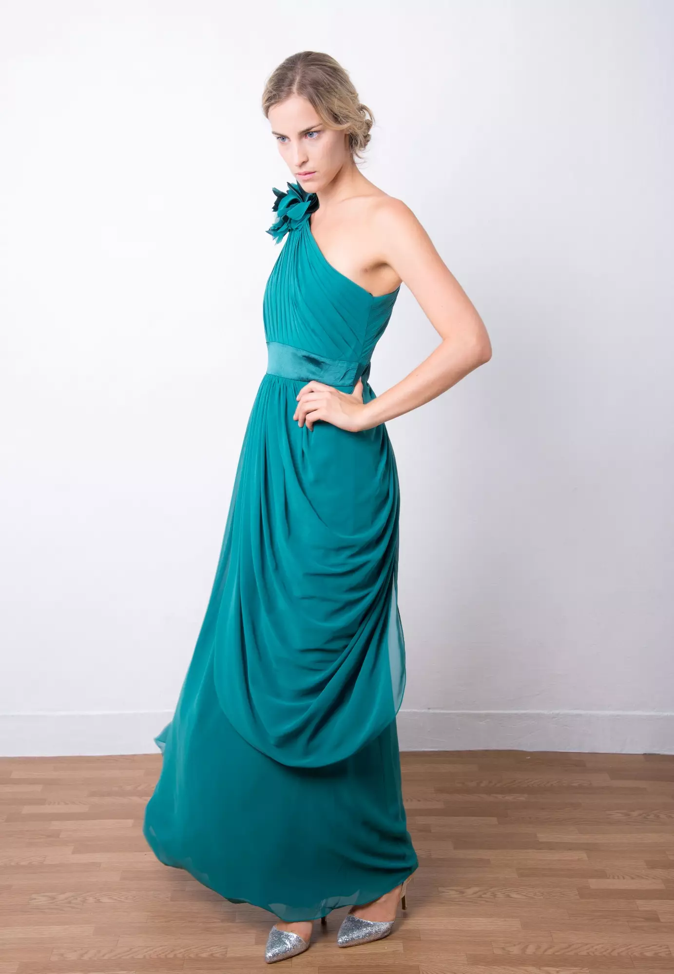 Draped Chiffon One-Shoulder Gown