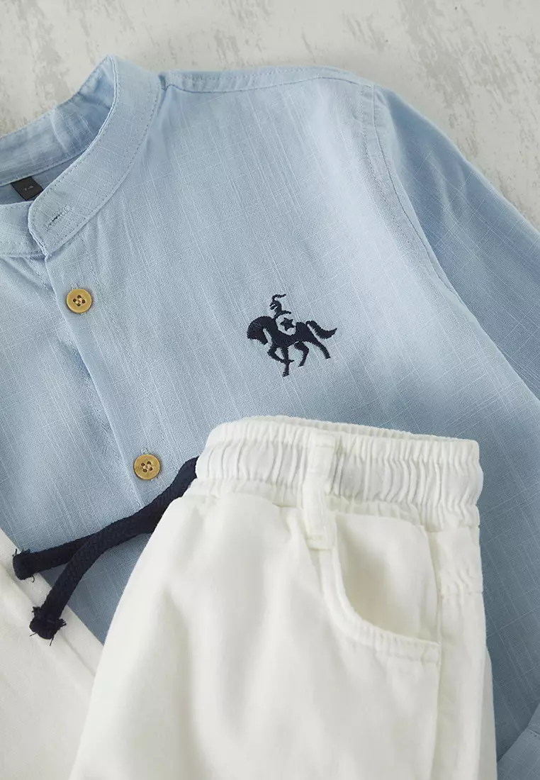 Baby Blue Elastic Waist High Neck Shirt Woven Pants Boys' Top and Bottom Set Tkdss25Au00044