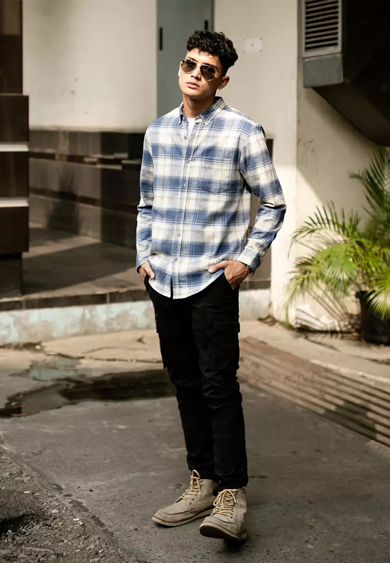 Kemeja Flannel Cotton OXCON khakis Light Blue Jeans