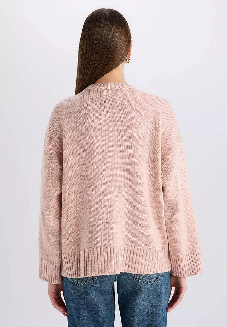 Oversize Wide Pattern Crew Neck Basic Plain Knitwear Sweater