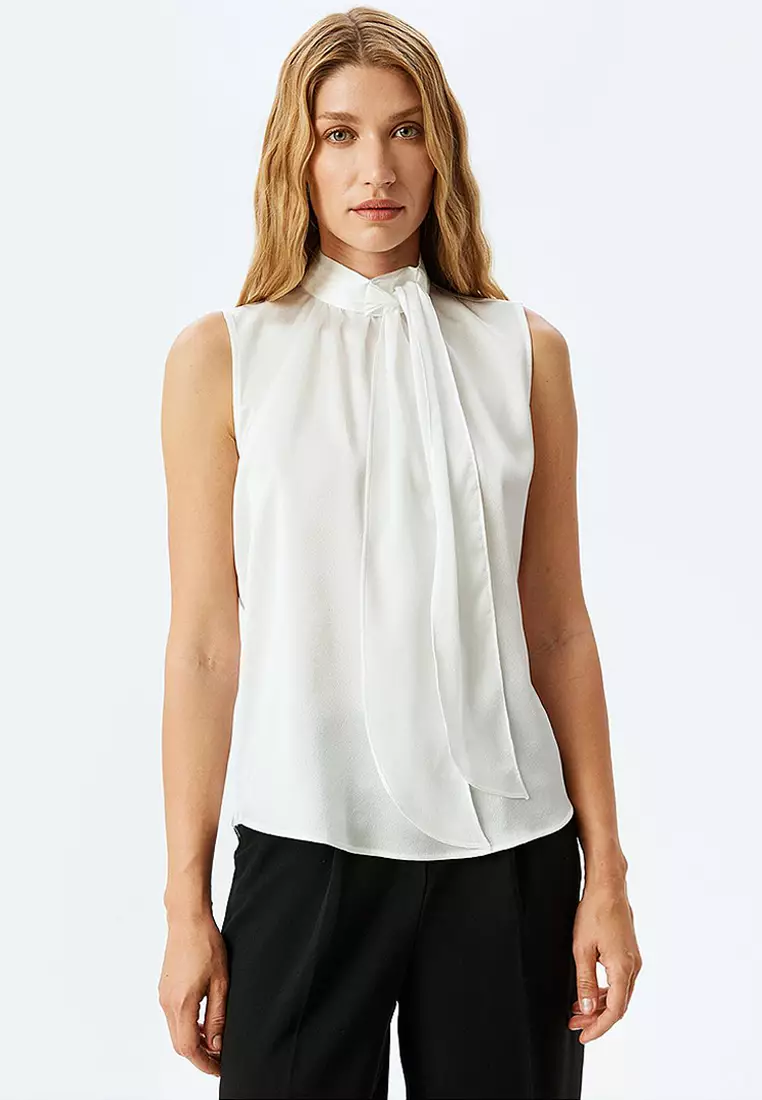 Tied Shawl Collar Sleeveless Satin Blouse
