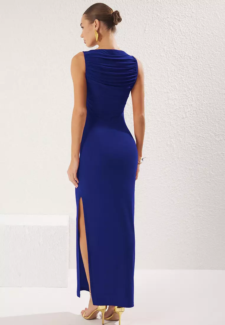 Saks Plain Gather / Drape Knitted Sandy Maxi Evening Night Graduation Dress TPRSS25AE00121