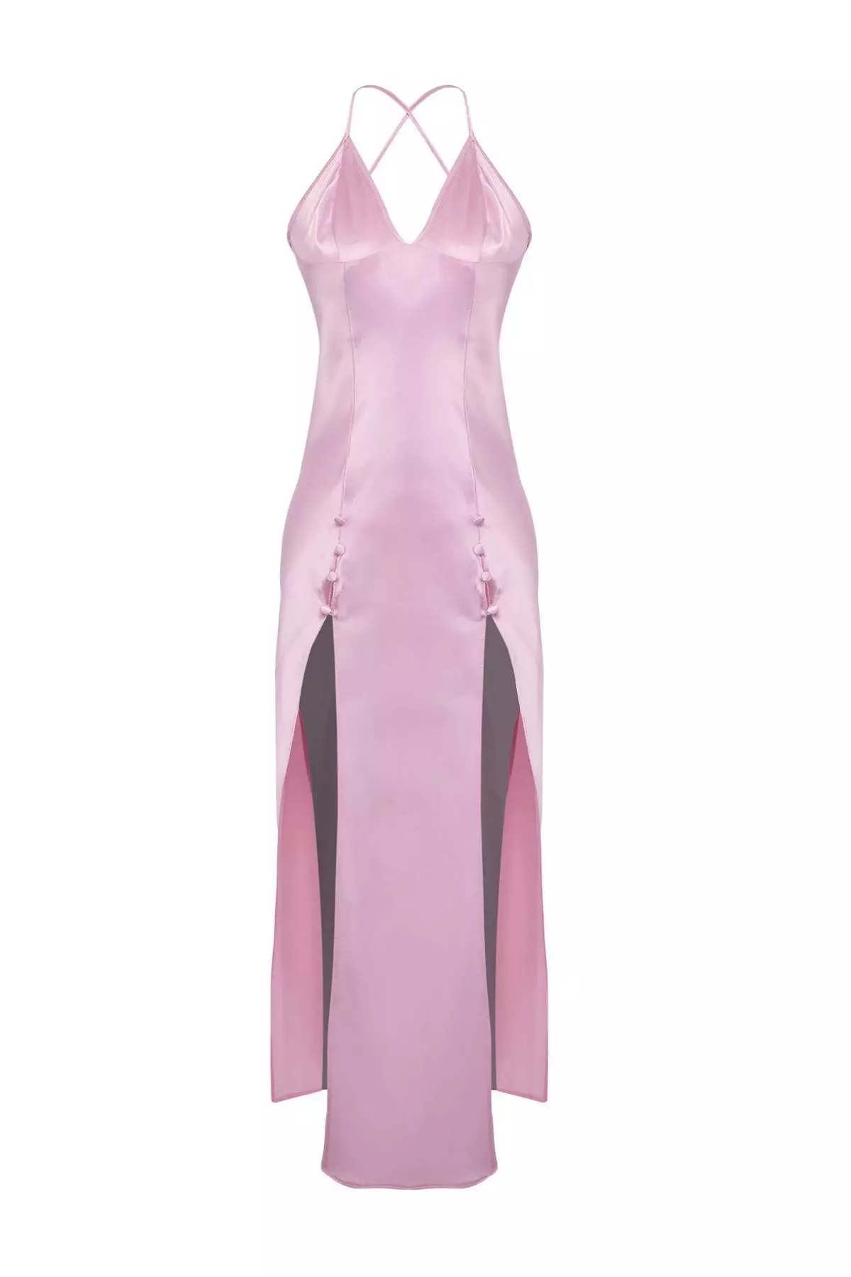 Pink Slit And Button Detailed Strap Satin Woven Nightgown Thmaw26Gc