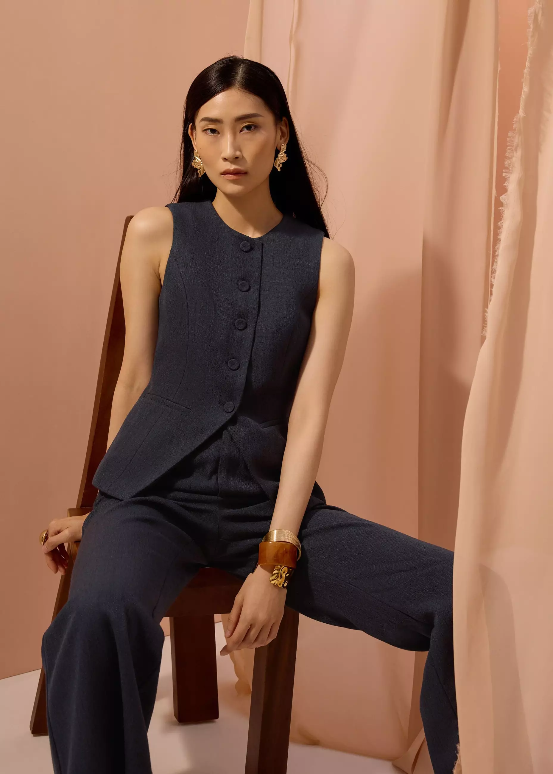 Vest Wanita - Padma Textured Round Neck Long Vest Top