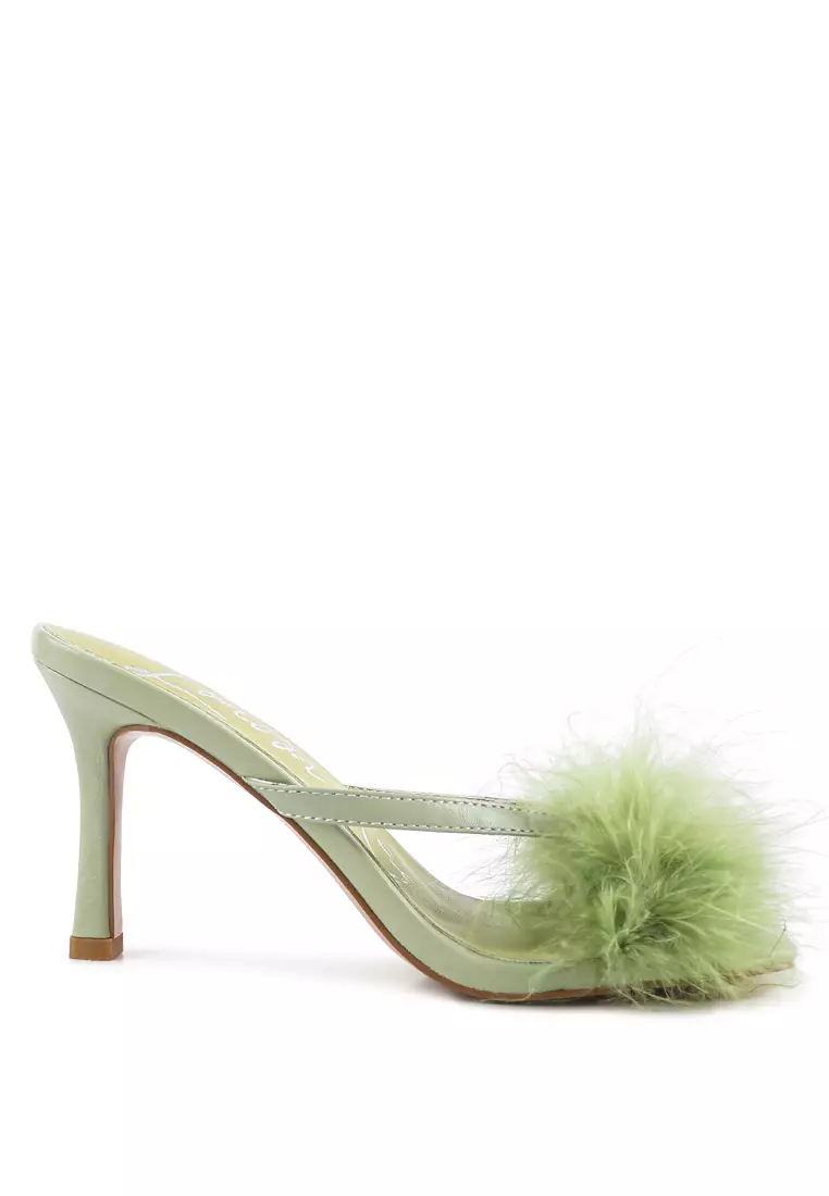 Green Feather Detail Slip-On Sandals