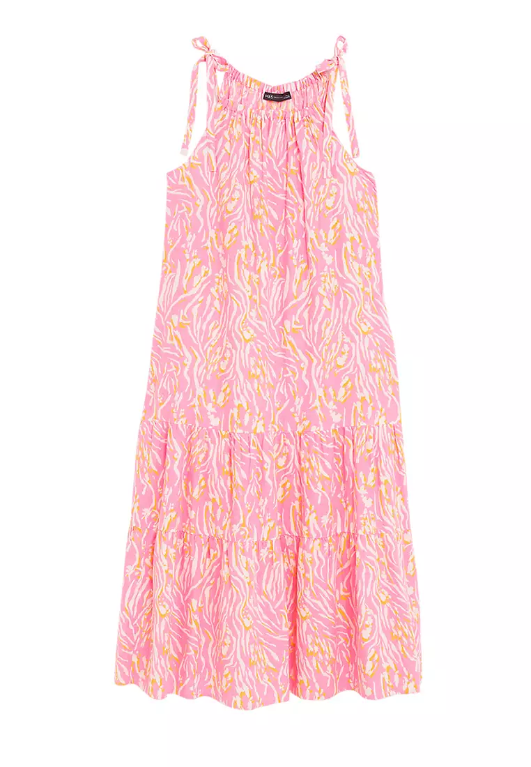 Linen Blend Animal Print Maxi Tiered Dress