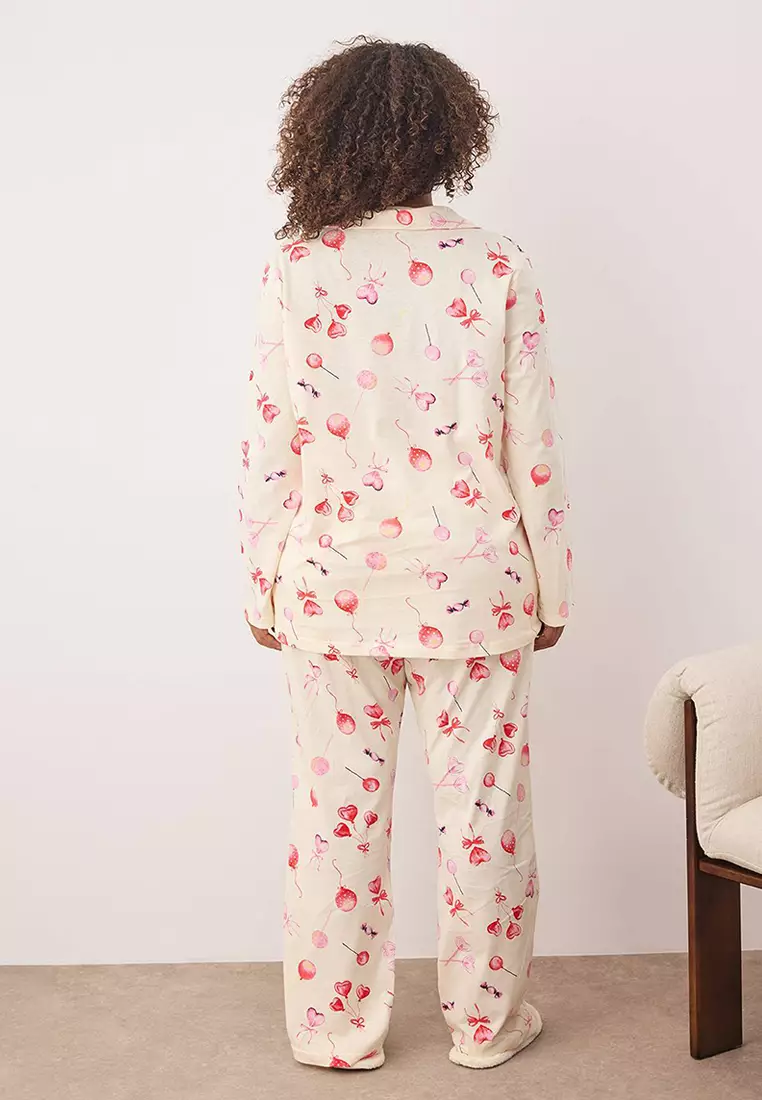 Ecru 100% Cotton Heart Patterned Shirt-Pants Knitted Pajama Set Tbbaw26Ai00017