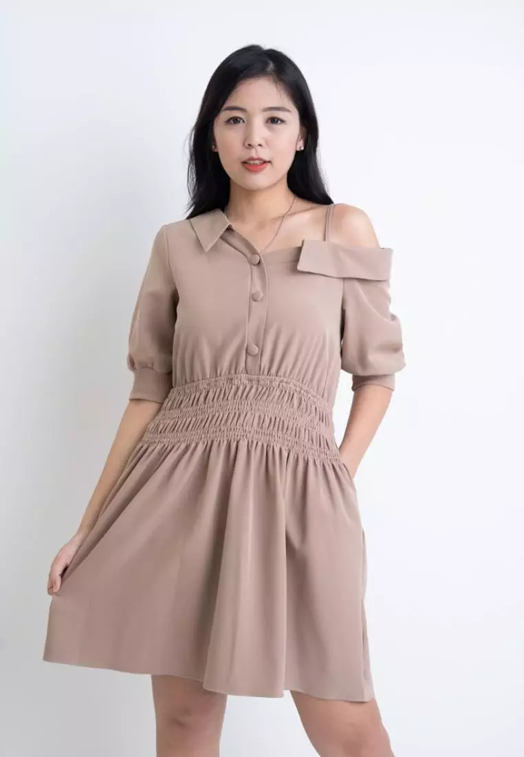 SIDE SHOULDER WITH ELASTICITY WAISTBAND DRESS