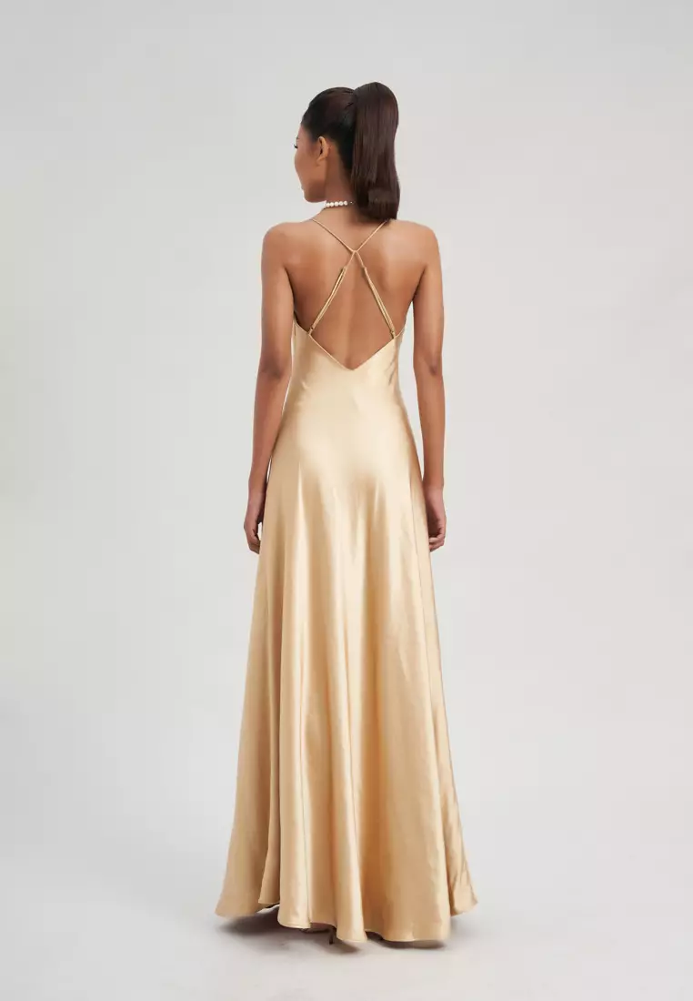 Gold silk wrap clearance dress