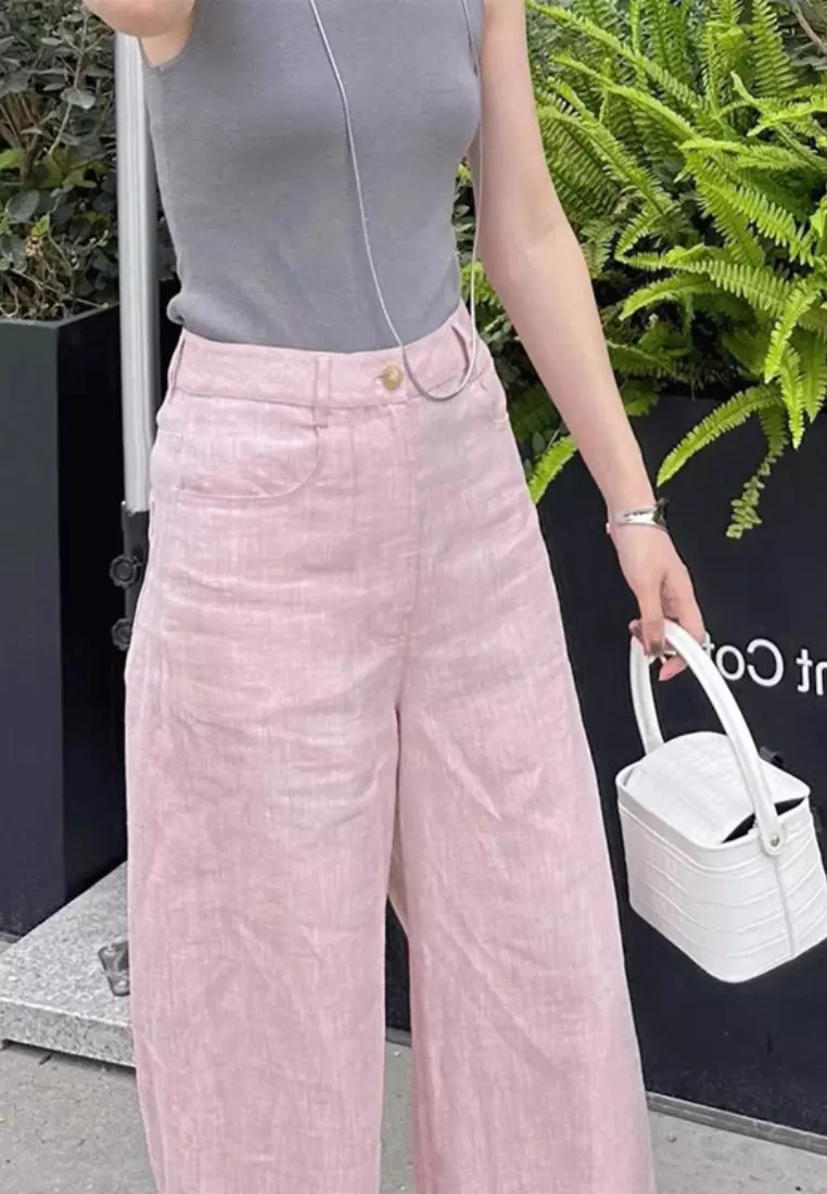 2025 New Pink Ramie Wide Leg Straight Pants K060405