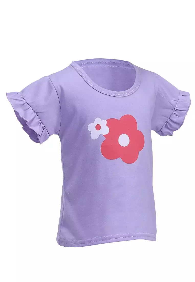 Chevelle Kaos Anak Perempuan Lengan Terompet Ruffle Tee Motif Bunga Material Cotton ORIGINAL - Purple