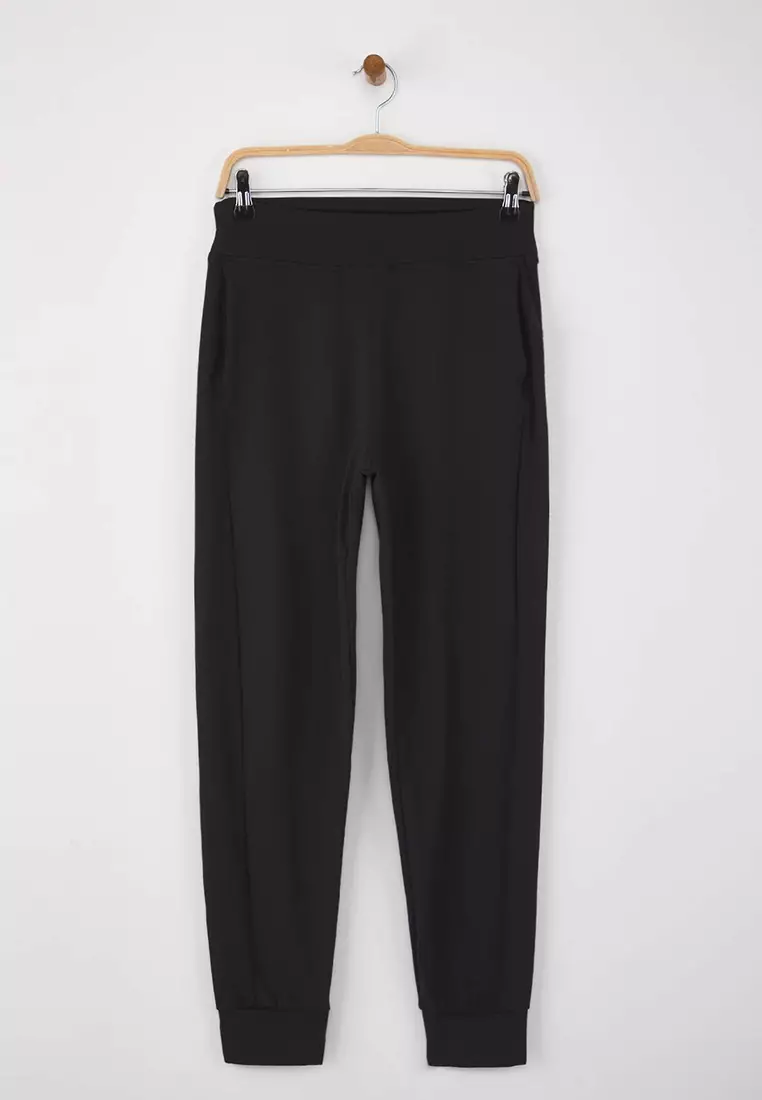 Black Brushed Soft Fabric Pocketed Sports Knitted Sweatpants