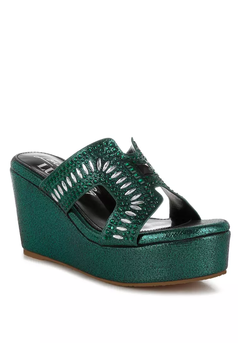 Diamante & Rhinestone Detail Cut-Out Sandals in Green