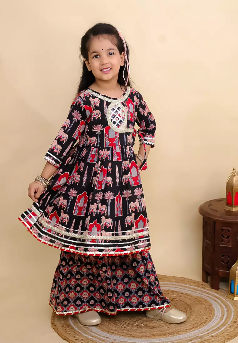 The Mom Store Girls Ragini Mudra Anarkali Kurta Sharara Set - Black