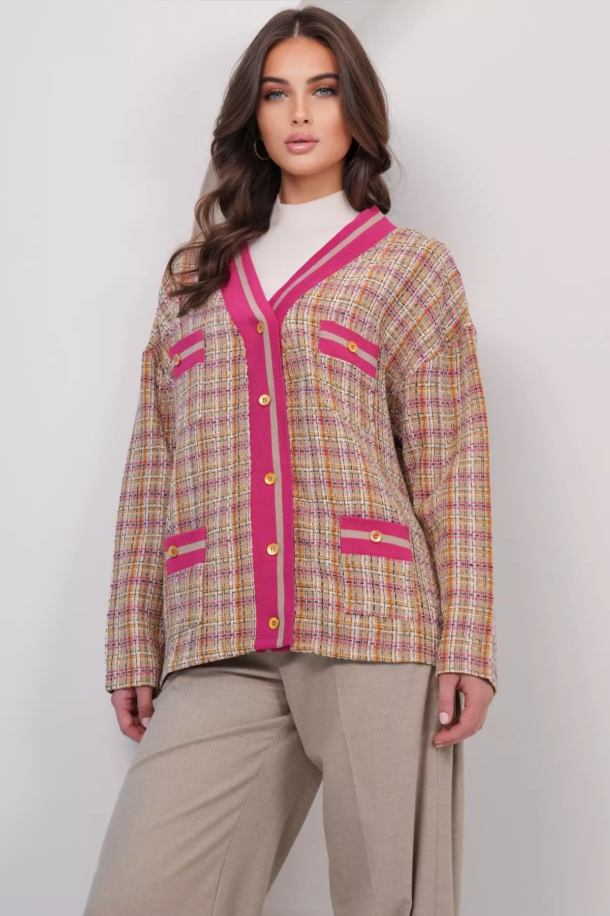 Women'S Fuchsia Pocket Detailed Tweed Ribbed Unlined Jacket Alc-X14979