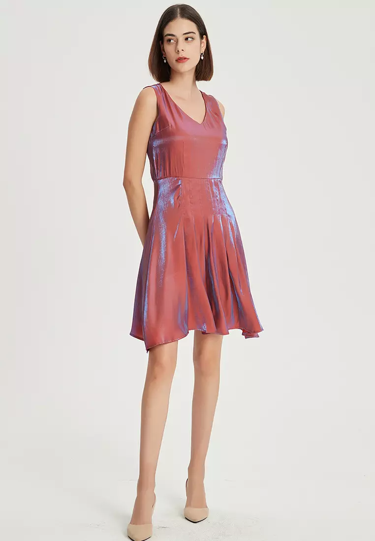 V-neck color-changing glazed satin one piece dress B22041204RD