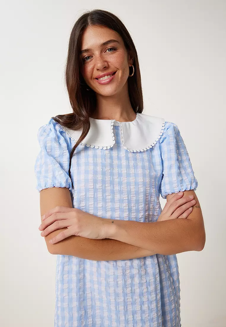 Women's Sky Blue Checkered Summer Mini Woven Dress Tp00058