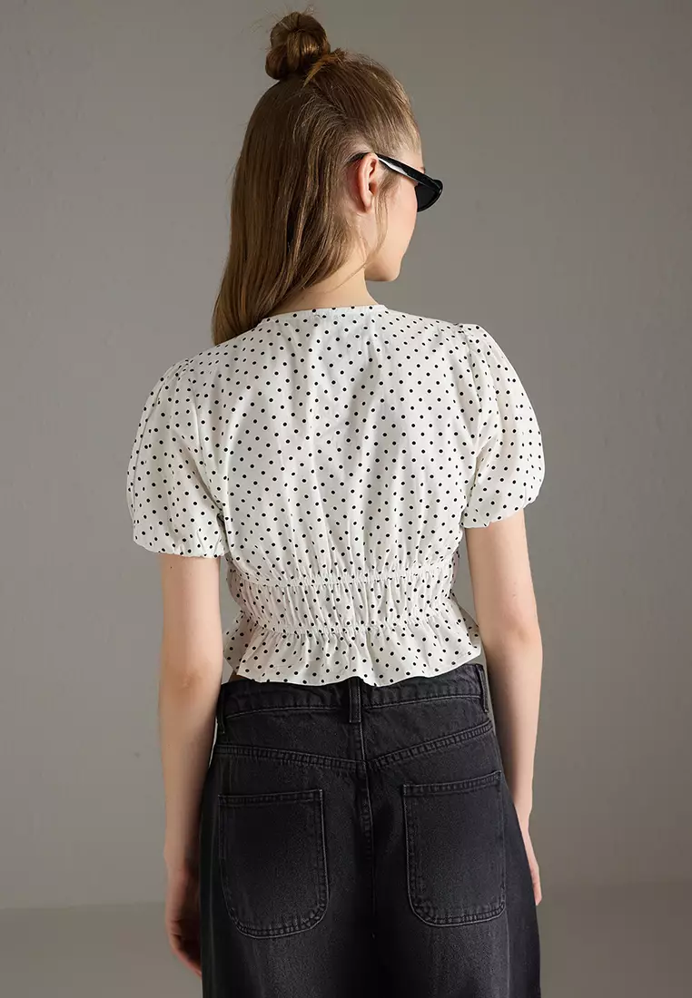 White Front Tie Detail Polka Dot V Neck Shirt TWOSS25BZ00508