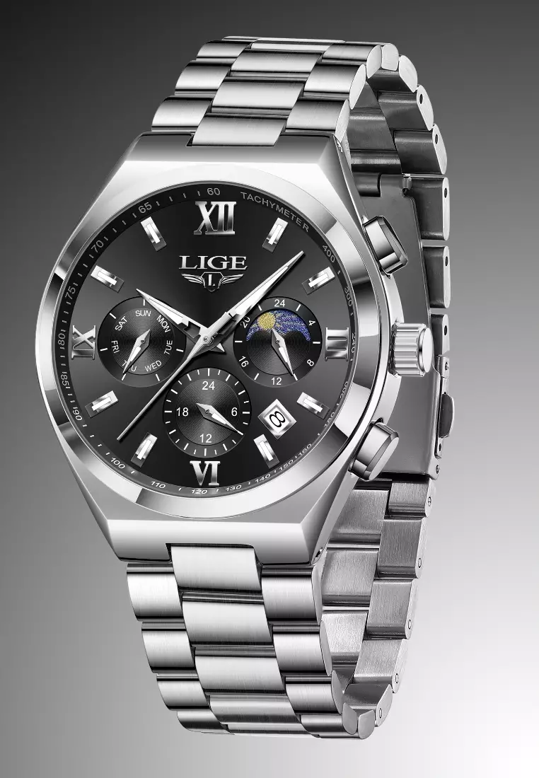 Chronograph Unisex Stainless Steel Quartz Watch 42mm, black dial, on Steel Bracelet