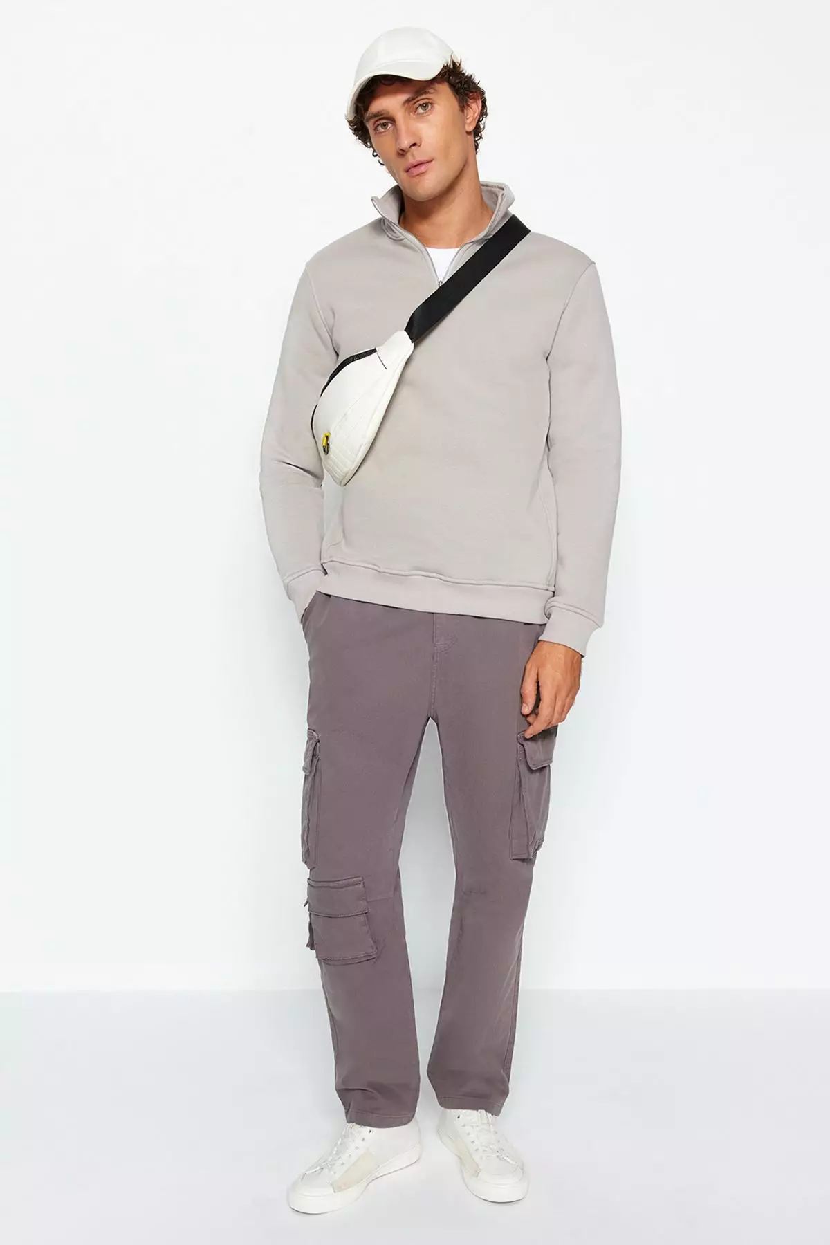 Grey Regular/Normal Cut Stand Collar Zippered Cotton Basic Inside Polar Fleece Sweatshirt TMNAW24SW00041