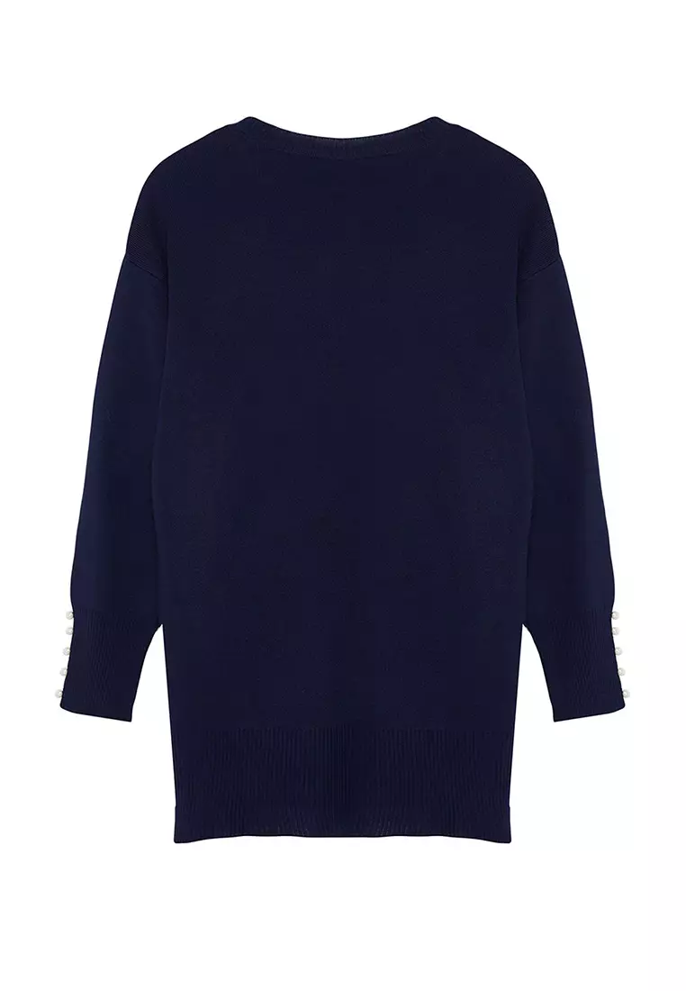 Navy Blue Pearl Detailed Knitwear Sweater Tctaw25Ak00007