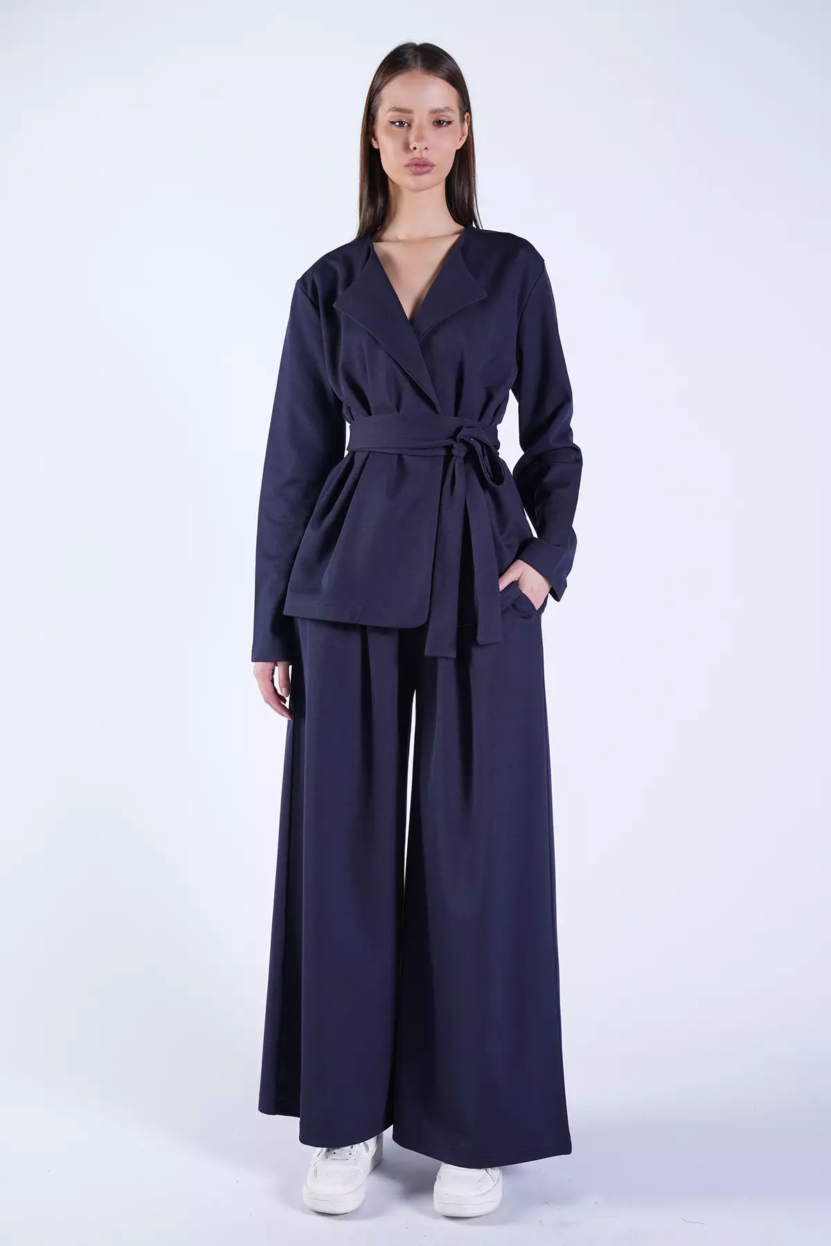 Women'S Navy Blue Self-Tie Belted Long Jacket And Double Pocket Trousers Set Alc-X15042