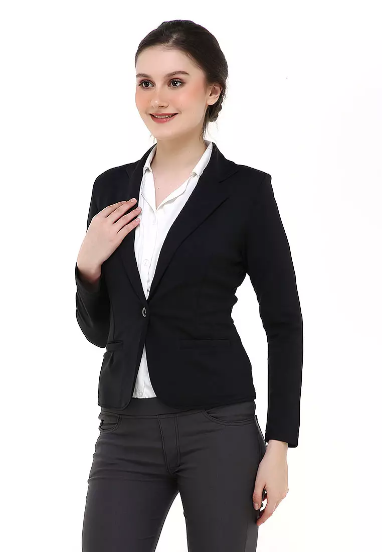 Qemsya Blazer Wanita Slim Fit Plain Suit Formal Longsleeve Material Scuba ORIGINAL - Black