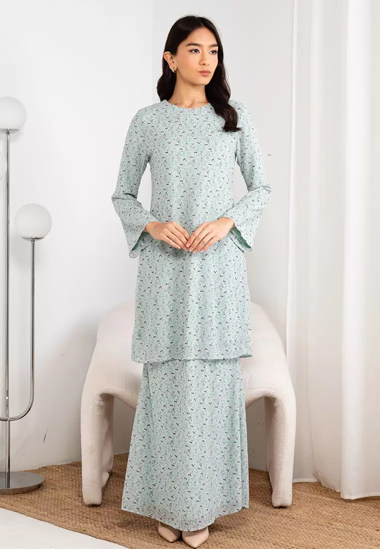 Flowerlet Dusty Mint Green Baju Kurung Moden Chiffon