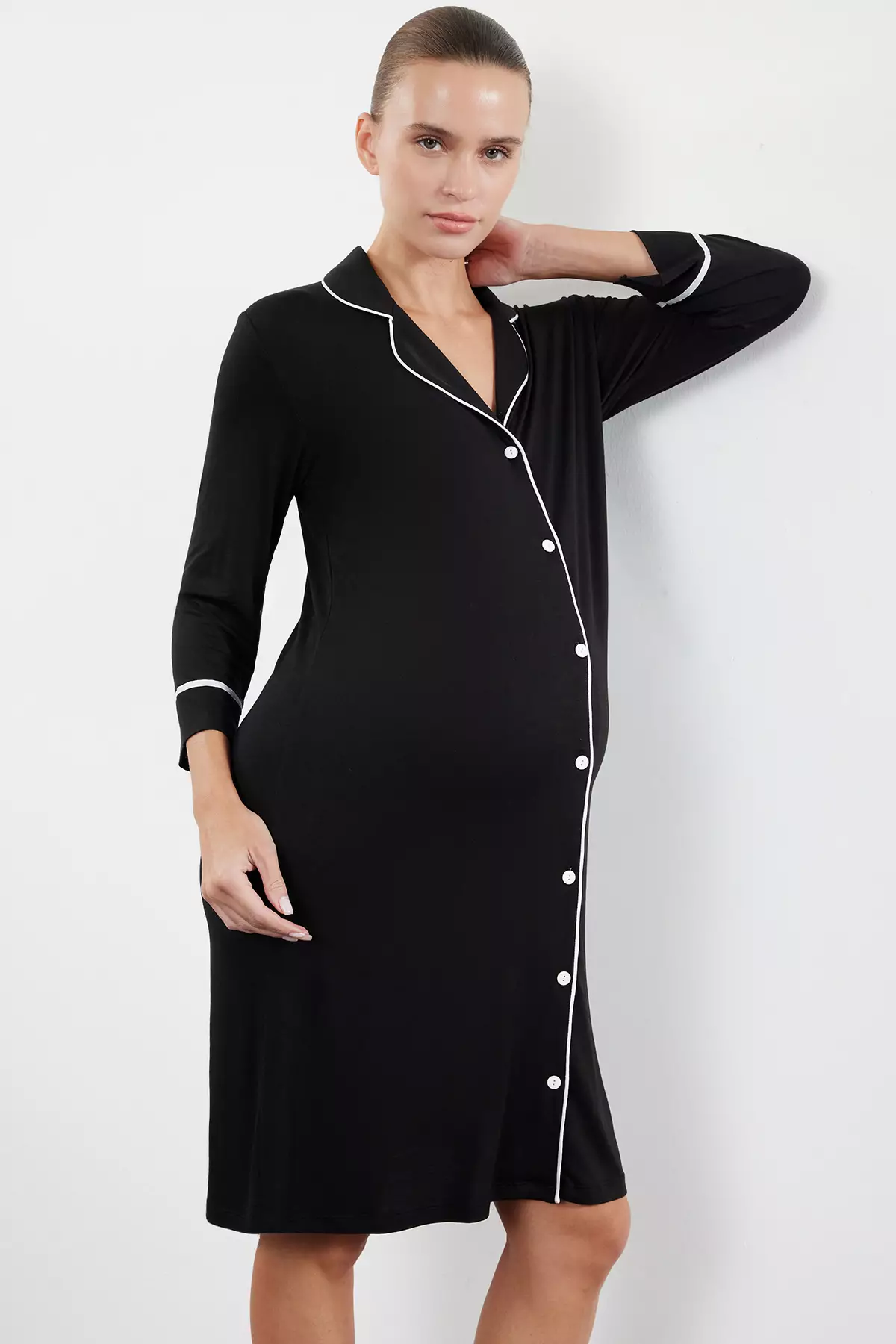 Black Shirt Collar Piping Knitted Nightgown For Pregnant And Maternity - Tbbaw25Ch00002