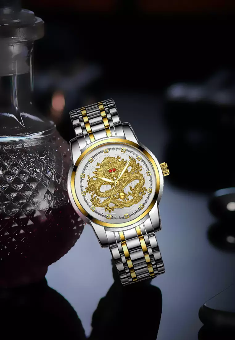 Jam Tangan Pria 9002 Naga Emas Stainless Steel Quartz Original Dragon Gold Kuning Jam Tangan Cowok white