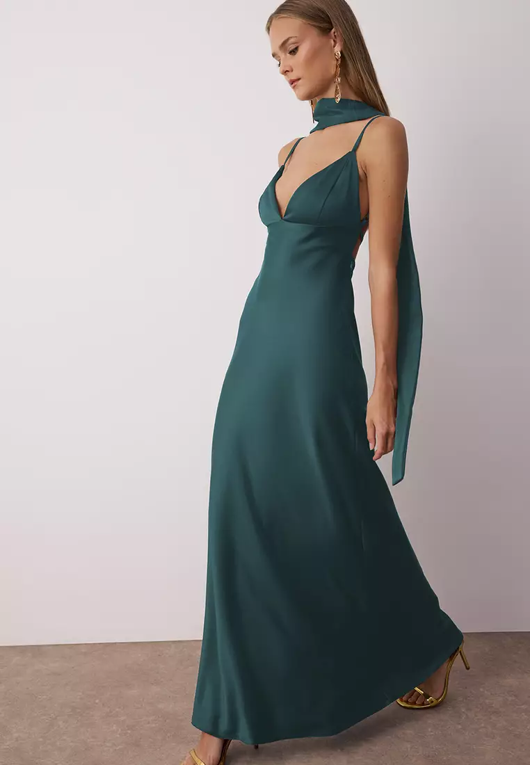 Shawl Detailed Satin Maxi Evening Dress
