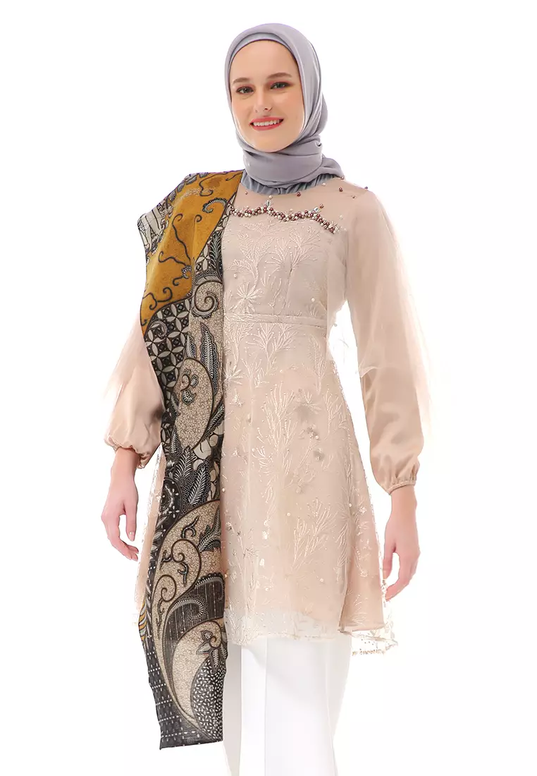 Bulan Tunik Atasan Wanita Series Couple Batik Lengan Panjang  Premium Style Couple Series High Quality - Cream
