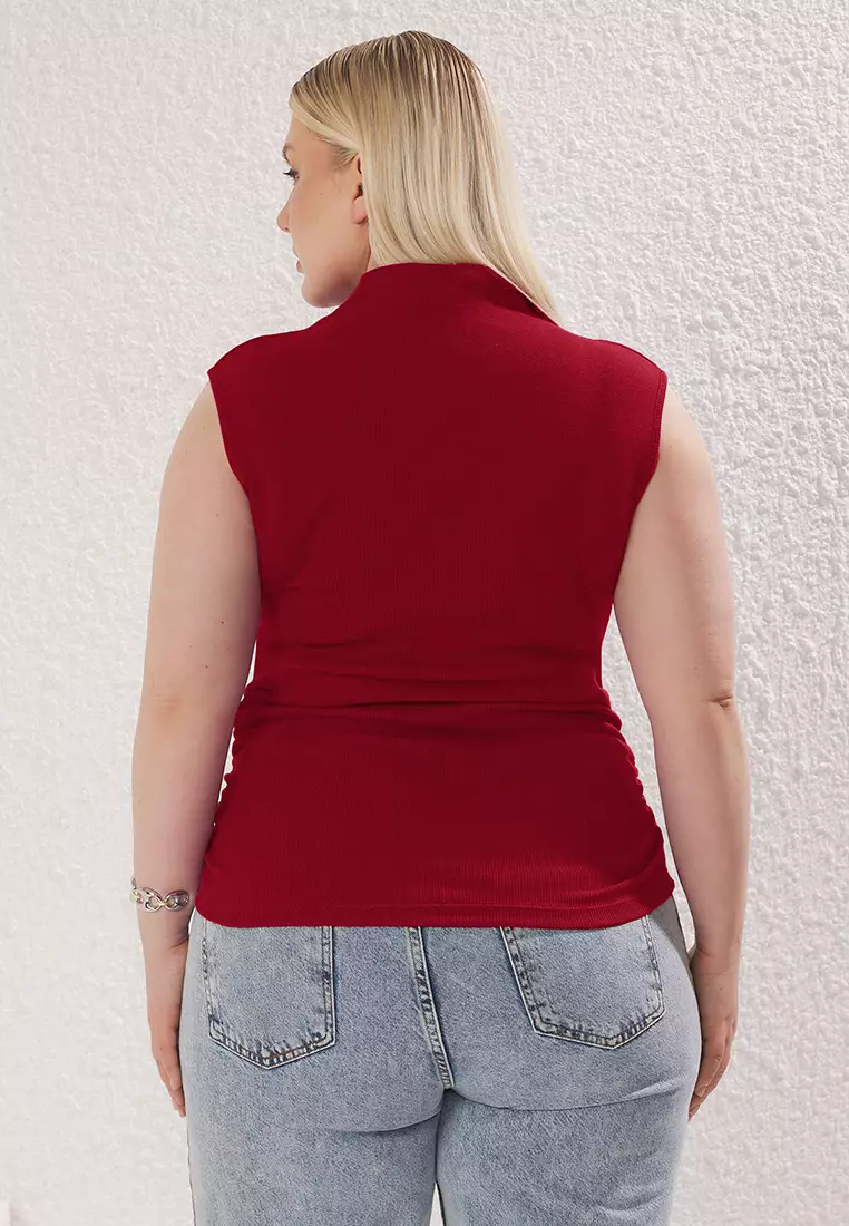 Red Stand Collar Asymmetric Knitted Plus Size Blouse Tbbss25Af00039